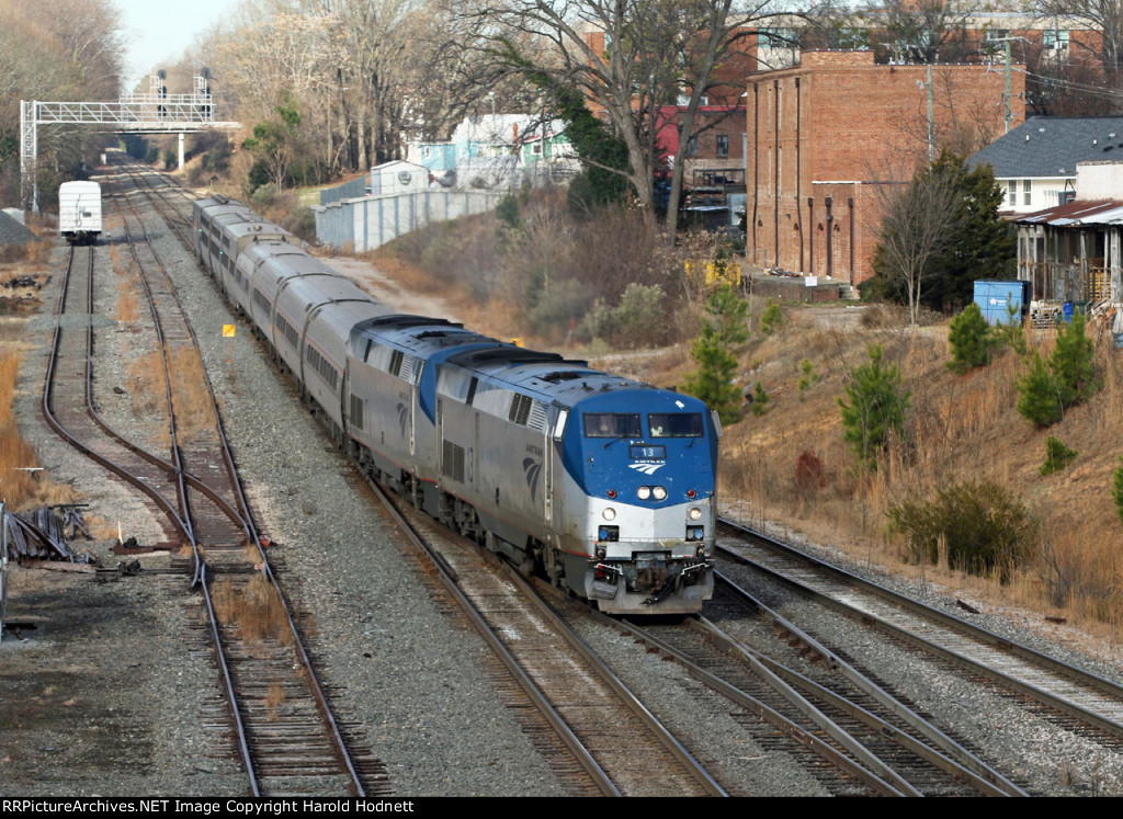 AMTK 13 & 17 lead train P092-29 towards the station